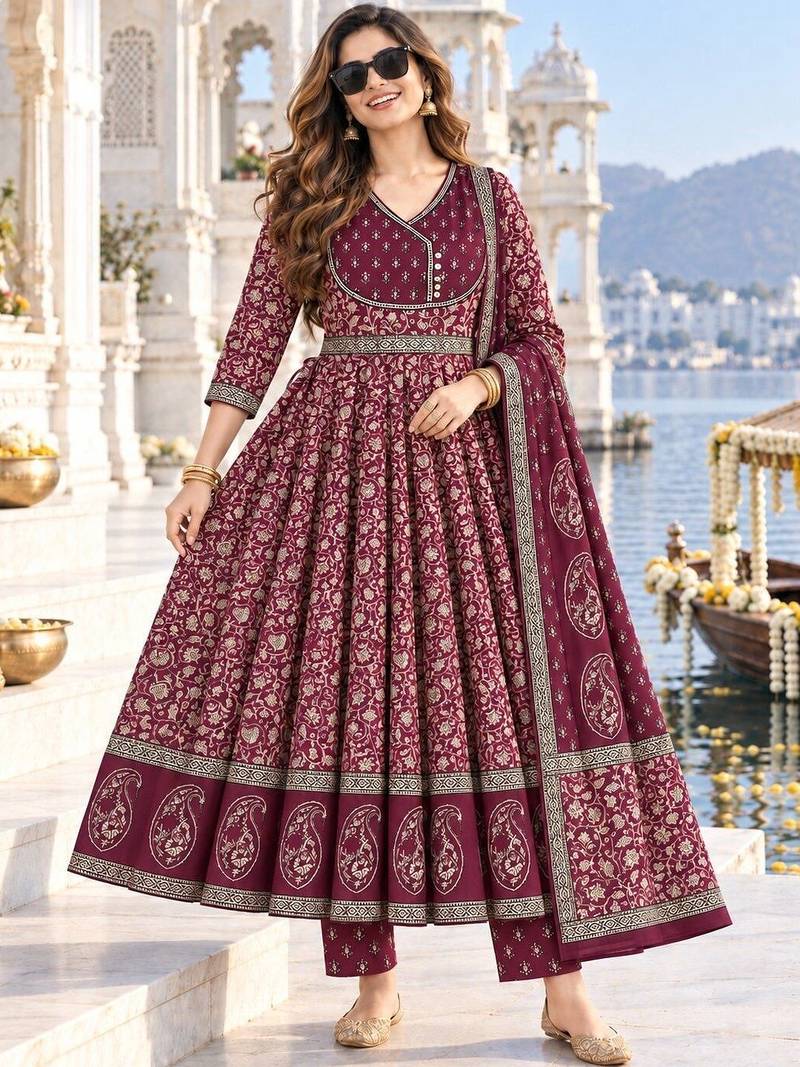 women ethnic motifs printed empire gotta patti  cotton kurta with trousers & with dupatta
