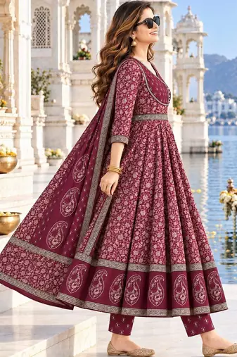 women ethnic motifs printed empire gotta patti  cotton kurta with trousers & with dupatta