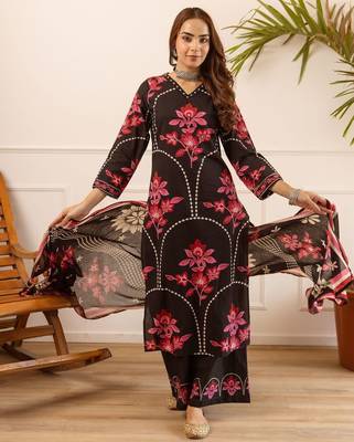 women floral embroidered beads and stones  cotton kurta with palazzos & with dupatta 1