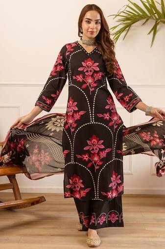 women floral embroidered beads and stones  cotton kurta with palazzos & with dupatta