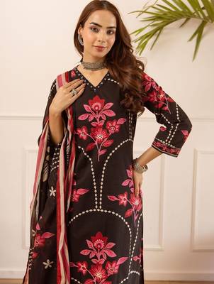 women floral embroidered beads and stones  cotton kurta with palazzos & with dupatta 2