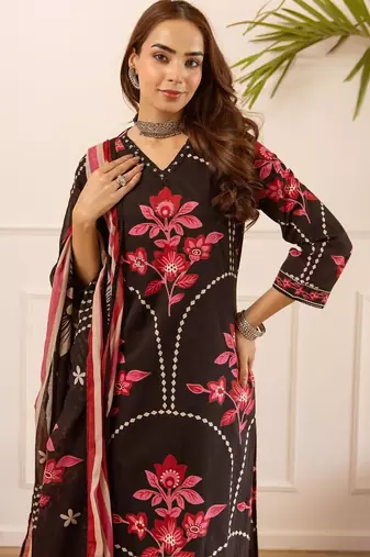 women floral embroidered beads and stones  cotton kurta with palazzos & with dupatta