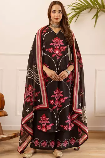 women floral embroidered beads and stones  cotton kurta with palazzos & with dupatta
