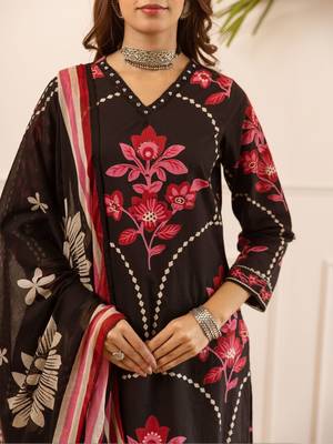 women floral embroidered beads and stones  cotton kurta with palazzos & with dupatta 4