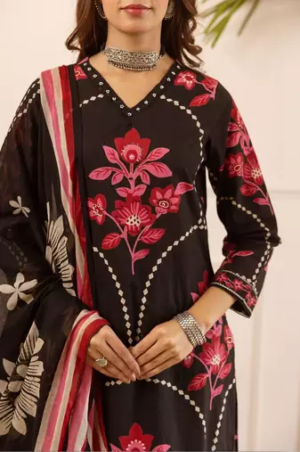 women floral embroidered beads and stones  cotton kurta with palazzos & with dupatta