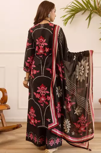 women floral embroidered beads and stones  cotton kurta with palazzos & with dupatta