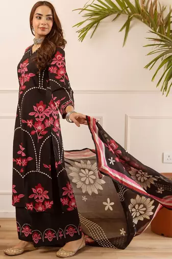 women floral embroidered beads and stones  cotton kurta with palazzos & with dupatta