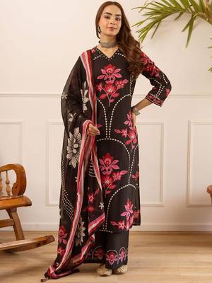 women floral embroidered beads and stones  cotton kurta with palazzos & with dupatta 7