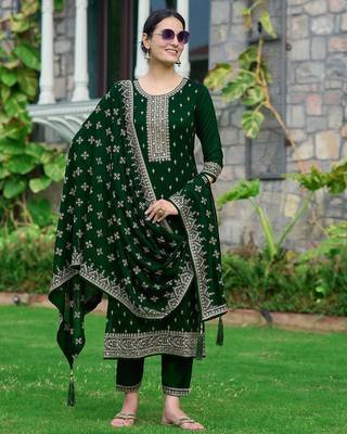 floral embroidered sequinned straight kurta with trousers & dupatta 1