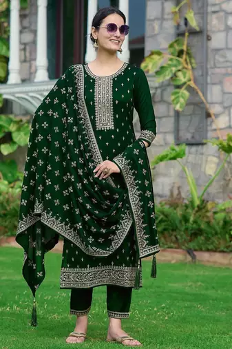 floral embroidered sequinned straight kurta with trousers & dupatta
