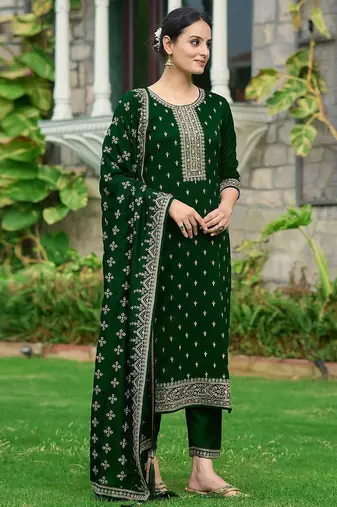 floral embroidered sequinned straight kurta with trousers & dupatta