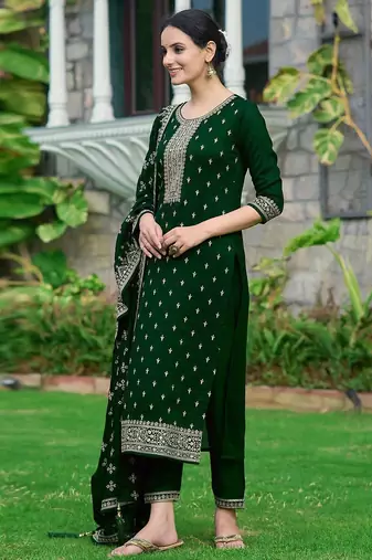 floral embroidered sequinned straight kurta with trousers & dupatta