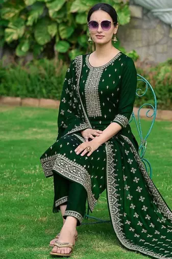 floral embroidered sequinned straight kurta with trousers & dupatta