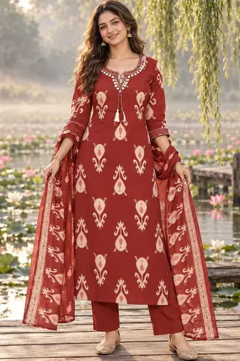 women ethnic motifs printed regular  cotton kurta with trousers & with dupatta