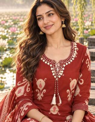 women ethnic motifs printed regular  cotton kurta with trousers & with dupatta 3