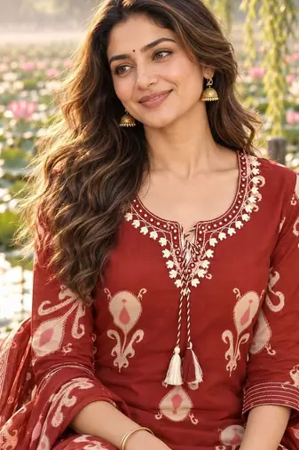 women ethnic motifs printed regular  cotton kurta with trousers & with dupatta