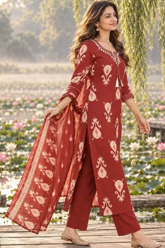 women ethnic motifs printed regular  cotton kurta with trousers & with dupatta