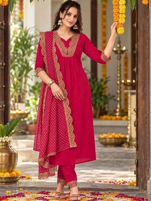 womenembroidered regular chanderi silk kurta set 1