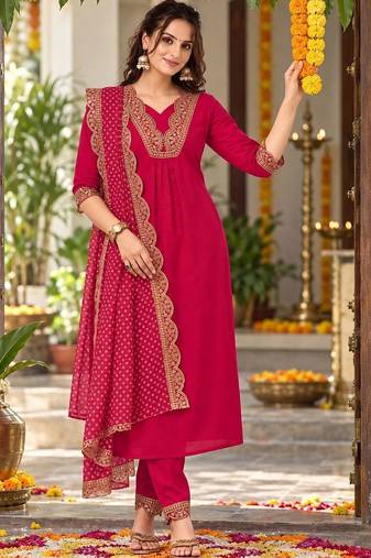 womenembroidered regular chanderi silk kurta set
