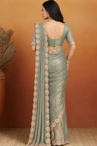 Shoulder pre-pleated solid two-tone pure chiffon ready to wear saree with aari work