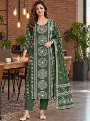 women ethnic motifs printed regular kurta with trousers & with dupatta 1