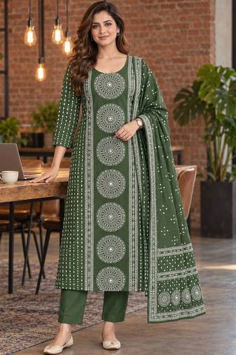 women ethnic motifs printed regular kurta with trousers & with dupatta