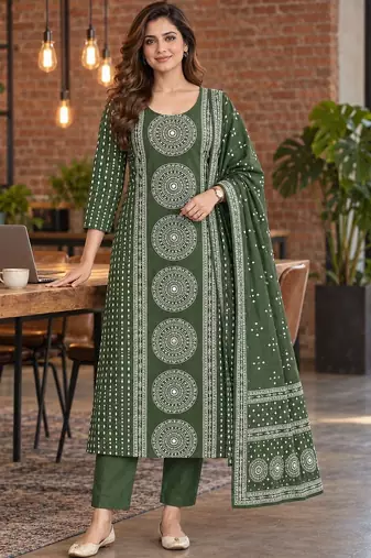 women ethnic motifs printed regular kurta with trousers & with dupatta