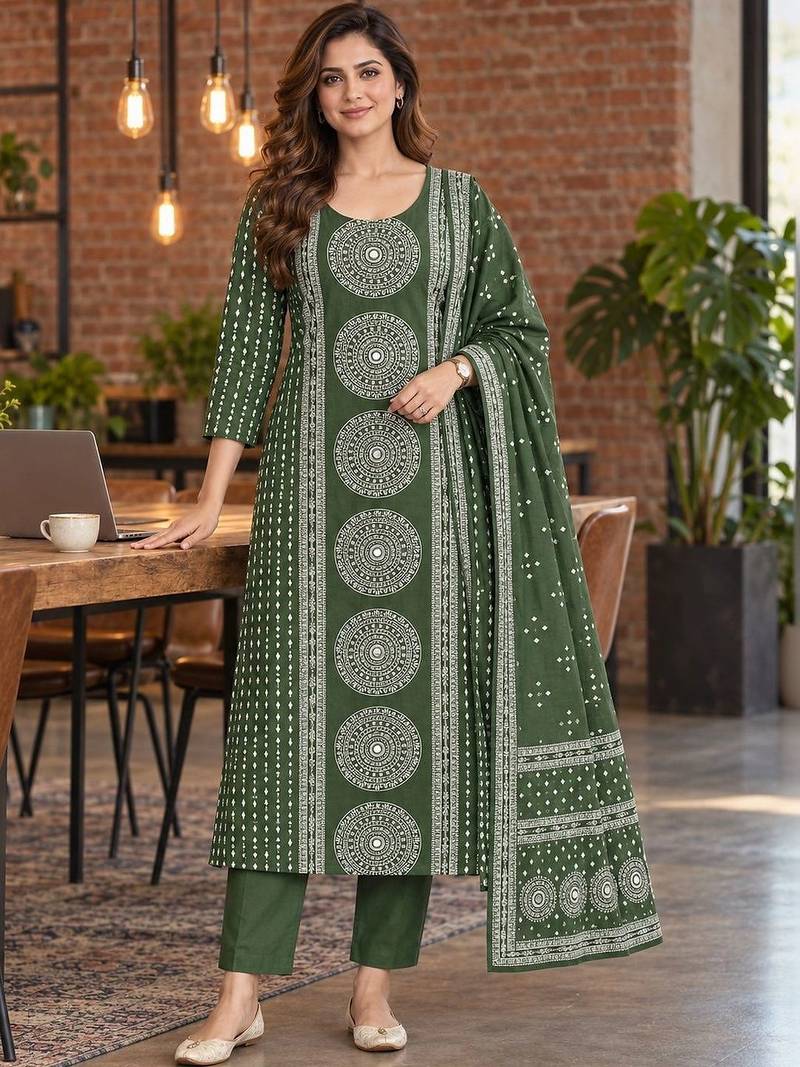 women ethnic motifs printed regular kurta with trousers & with dupatta