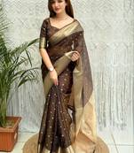 Brown zari organza designer banarasi saree