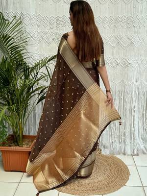 Brown zari organza designer banarasi saree 2