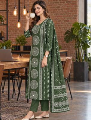 women ethnic motifs printed regular kurta with trousers & with dupatta 4