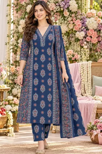 women ethnic motifs printed regular  cotton kurta with trousers & with dupatta