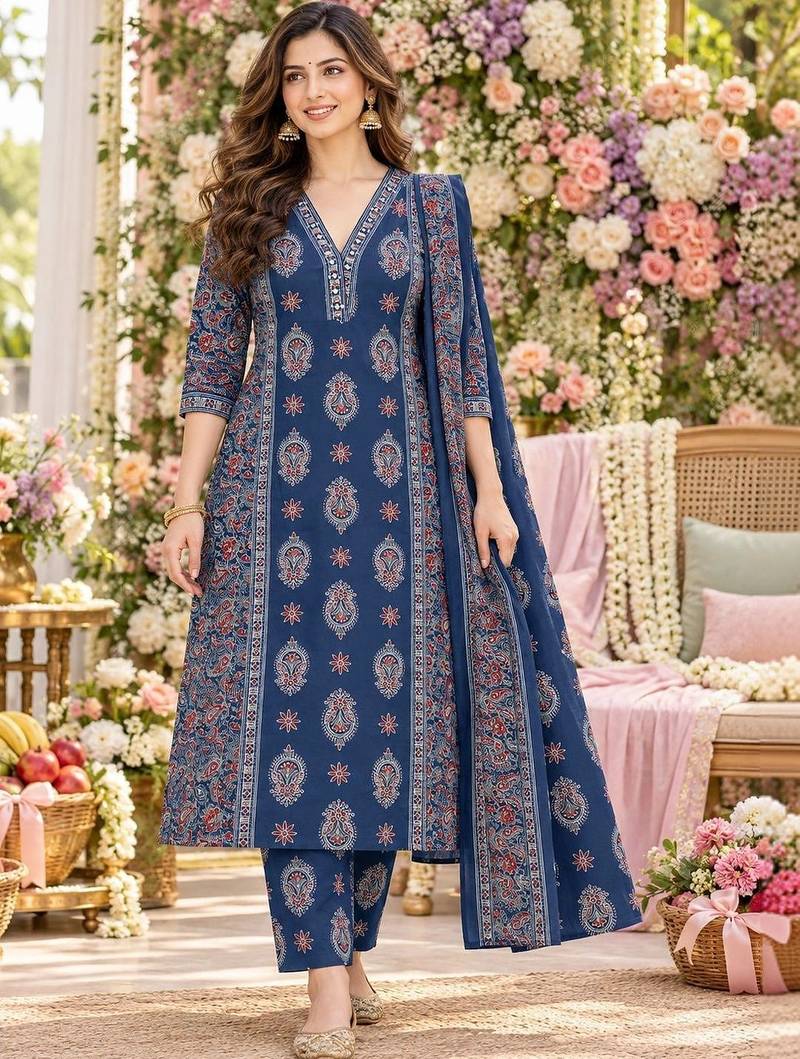 women ethnic motifs printed regular  cotton kurta with trousers & with dupatta