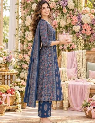 women ethnic motifs printed regular  cotton kurta with trousers & with dupatta 2