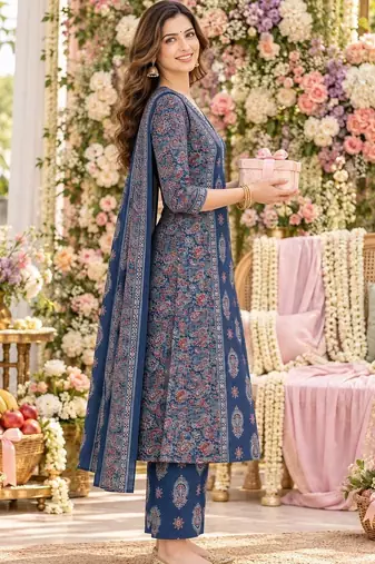 women ethnic motifs printed regular  cotton kurta with trousers & with dupatta