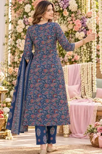 women ethnic motifs printed regular  cotton kurta with trousers & with dupatta