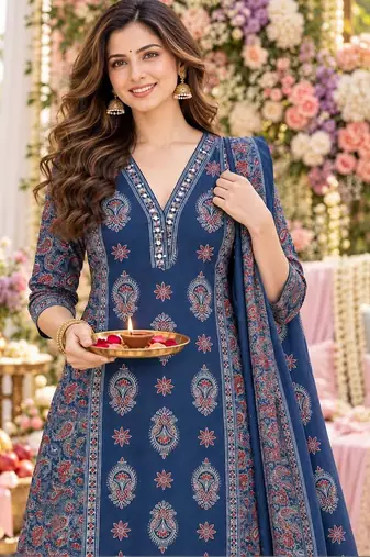 women ethnic motifs printed regular  cotton kurta with trousers & with dupatta