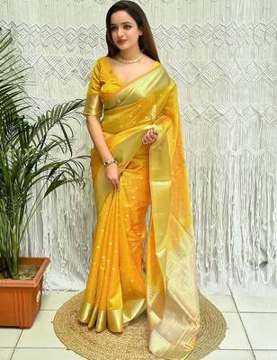 Yellow zari organza designer banarasi saree 1