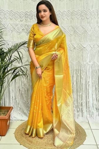 Yellow zari organza designer banarasi saree