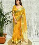 Yellow zari organza designer banarasi saree