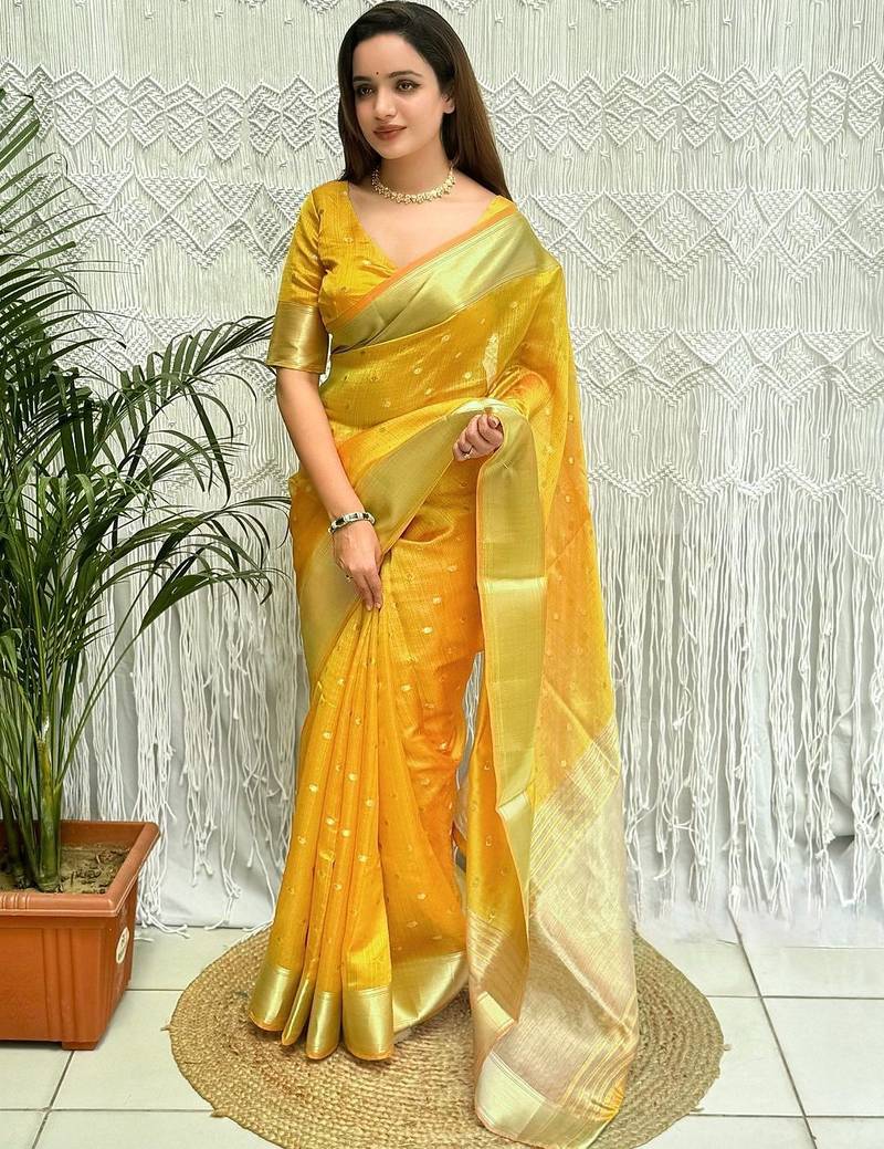 Yellow zari organza designer banarasi saree