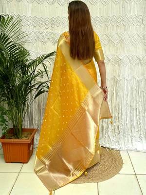 Yellow zari organza designer banarasi saree 2