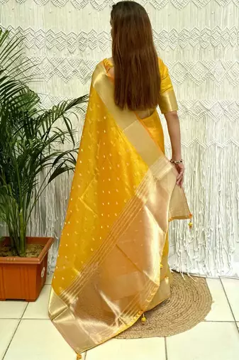 Yellow zari organza designer banarasi saree