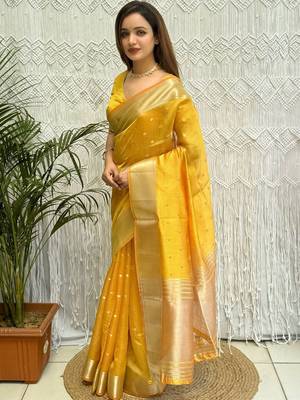 Yellow zari organza designer banarasi saree 3