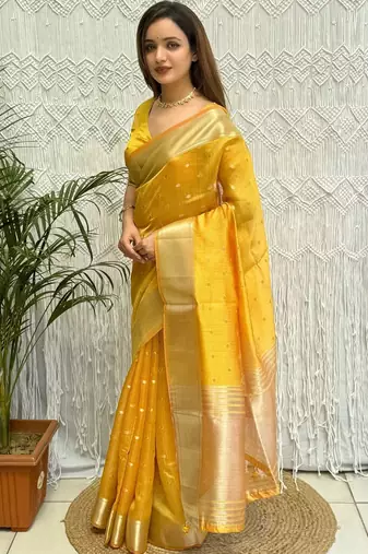 Yellow zari organza designer banarasi saree