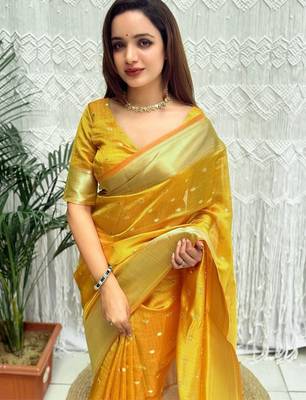 Yellow zari organza designer banarasi saree 4