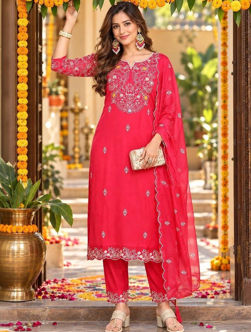 women ethnic motifs embroidered kurta with trousers & dupatta