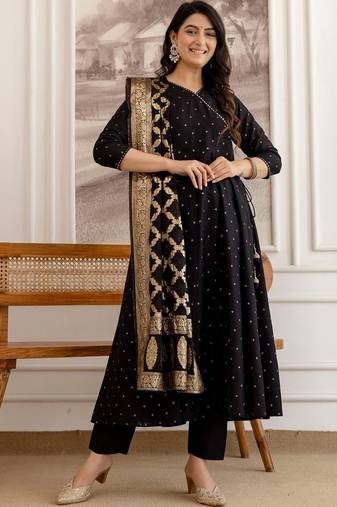 women ethnic motifs printed angrakha kurta with trousers & with dupatta