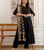 women ethnic motifs printed angrakha kurta with trousers & with dupatta