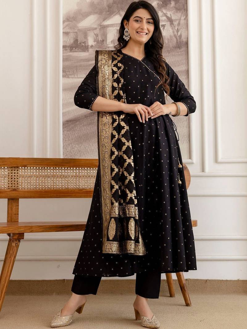 women ethnic motifs printed angrakha kurta with trousers & with dupatta